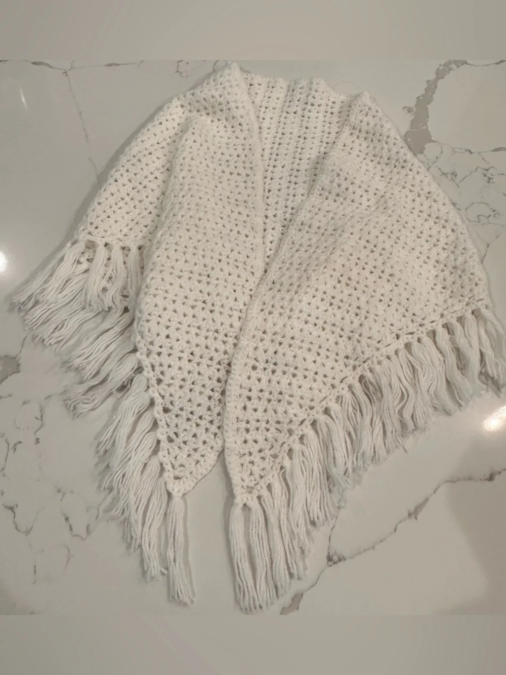 Handmade White Crochet Shawl Wrap With Tassels One Size Granny Cottage Boho